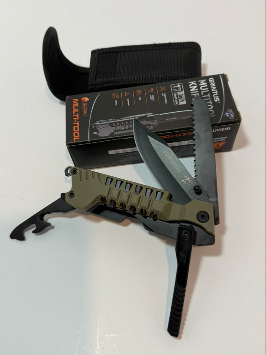 Folding knife with black sheath and box on a white background