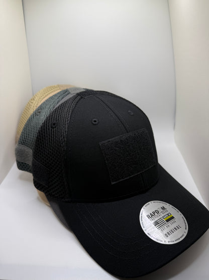 Three mesh cap colors, tan, grey, black.