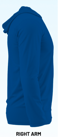 A royal blue hooded sweatshirt shown from the side/back view on a light blue background, with the text 'RIGHT ARM' below.